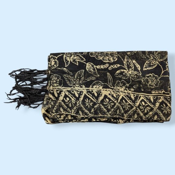 Vintage Black & Beige Floral Fringe Scarf - Picture 3 of 5